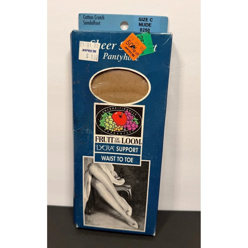 Vintage Fruit of the Loom Lycra Support Pantyhose Nude Sz C Tall 8250 USA 1996